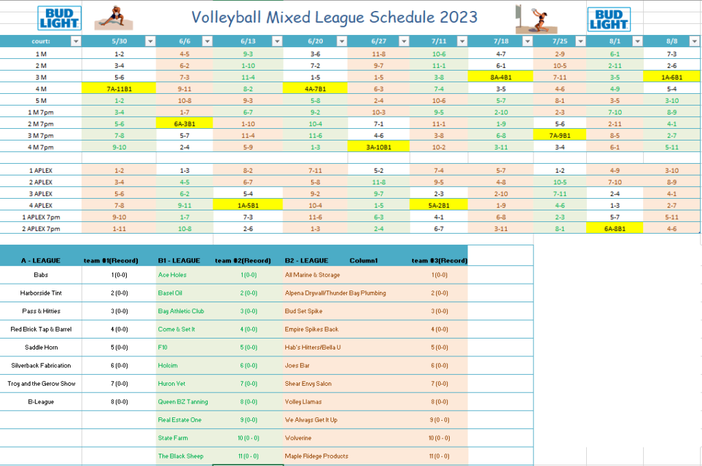 ABVL 2023 Tuesday Schedule